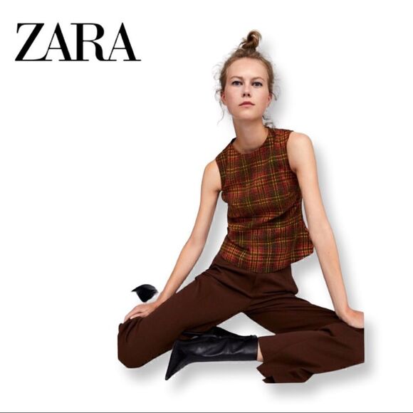 ZARA Woman Orange Plaid Peplum Sleeveless NEW Blouse Orange Yellow - Picture 4 of 15